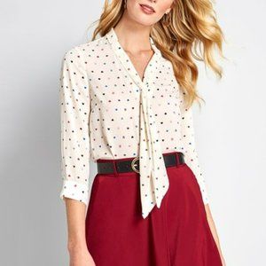 NWT ModCloth | Ivory Heart Eye Pleasant Confidence Tie-Neck Button Top Blouse XS